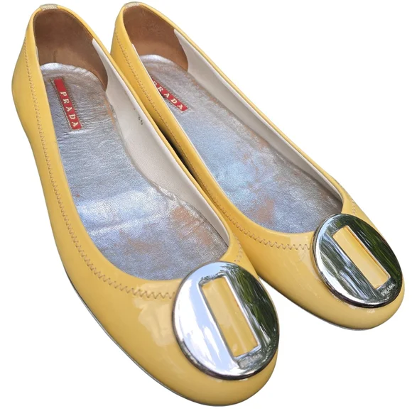 Prada Yellow Flats Silver Buckle Super Cute Bright Classic Shoes Haute Couture - Picture 3 of 11